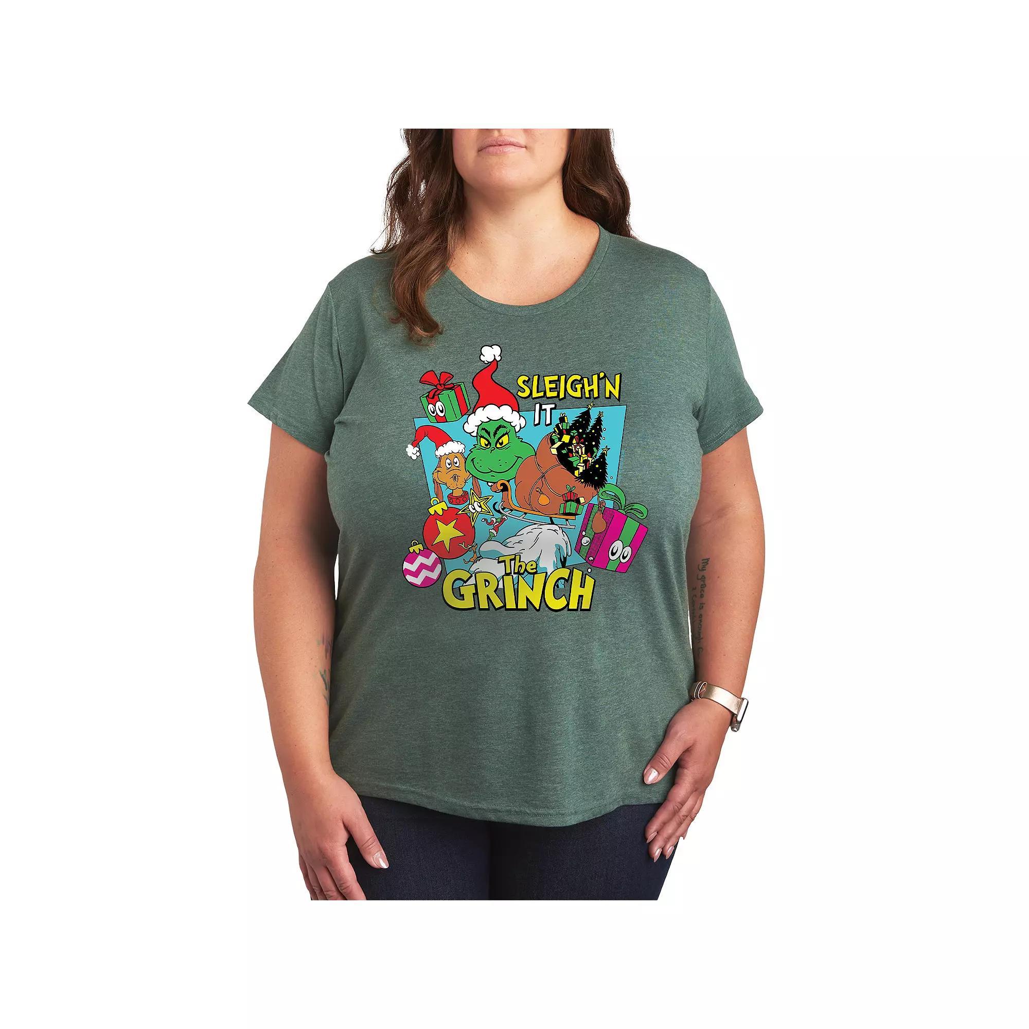 Plus Size Dr. Seuss The Grinch Sleighn It Graphic Tee, Womens Grey Green Product Image