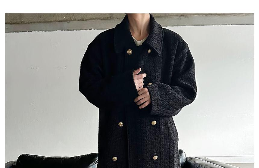 Lapel Collar Plain Double Breasted Long Coat Product Image