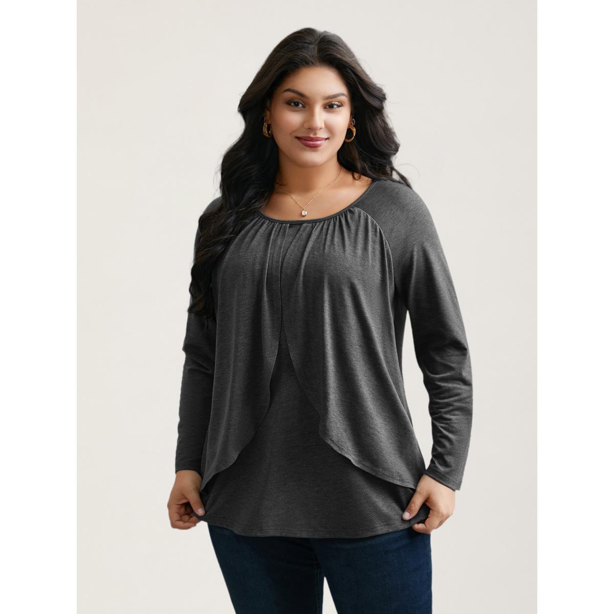 Plus Size 2-In-1 Gathered Ruffle Trim T-Shirt DarkGray Women Elegant Gathered Round Neck Everyday T-shirts BloomChic 18-20/2X Product Image