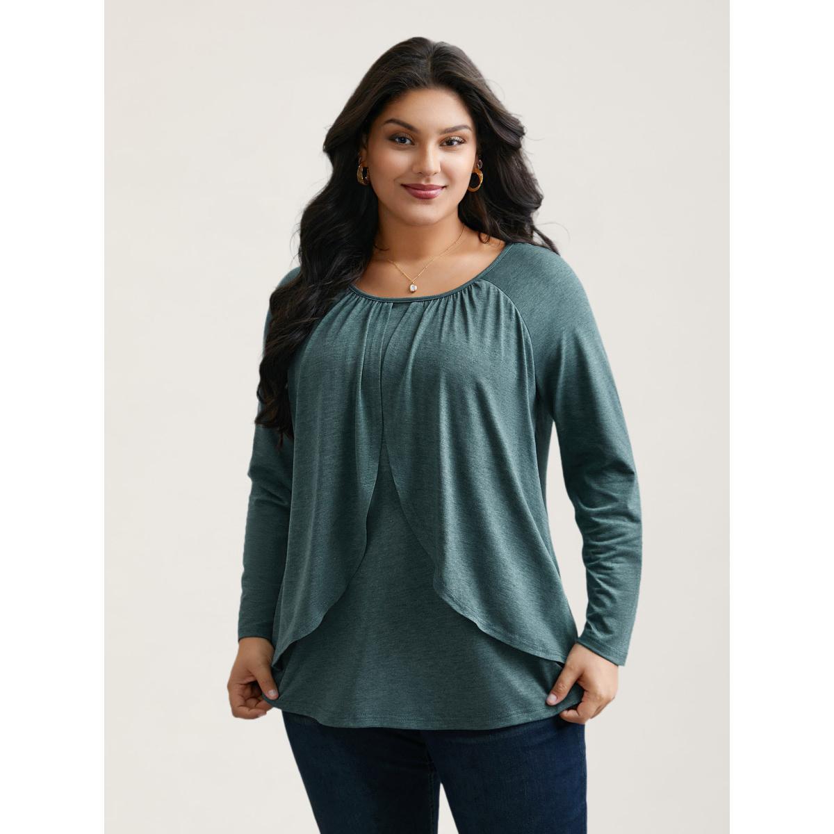 Plus Size 2-In-1 Gathered Ruffle Trim T-Shirt Teal Women Elegant Gathered Round Neck Everyday T-shirts BloomChic 10/M Product Image