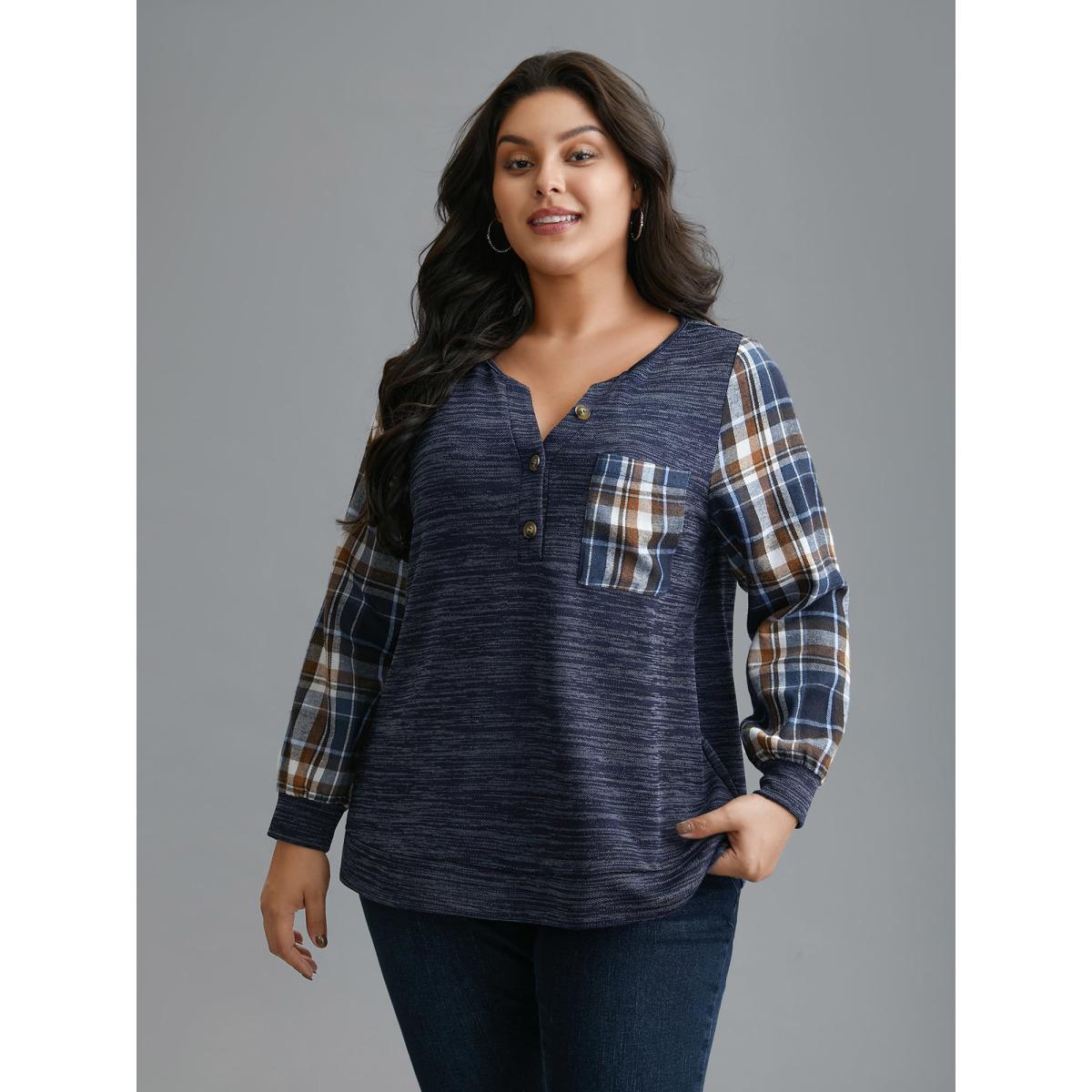 Plus Size Plaid Sleeve Button Up Patchwork Sweatshirt Women Indigo Casual Contrast Notched collar Everyday Sweatshirts BloomChic 14-16/1X Product Image