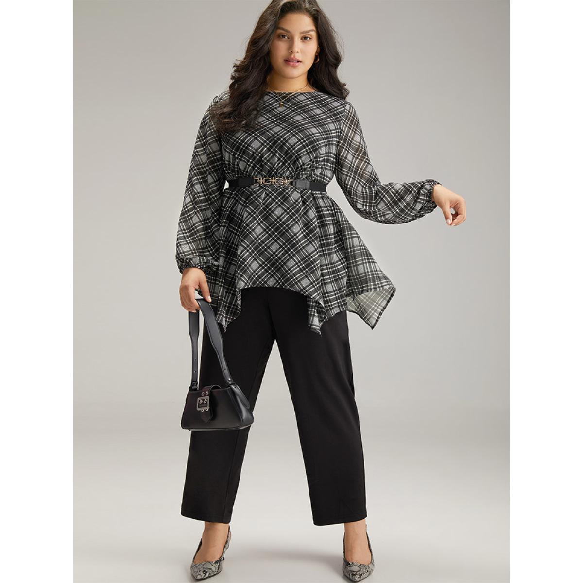 Plus Size Black Plaid Chiffon Lantern Sleeve Hanky Hem Blouse Women Office Long Sleeve Round Neck Work Blouses BloomChic 30/6X Product Image