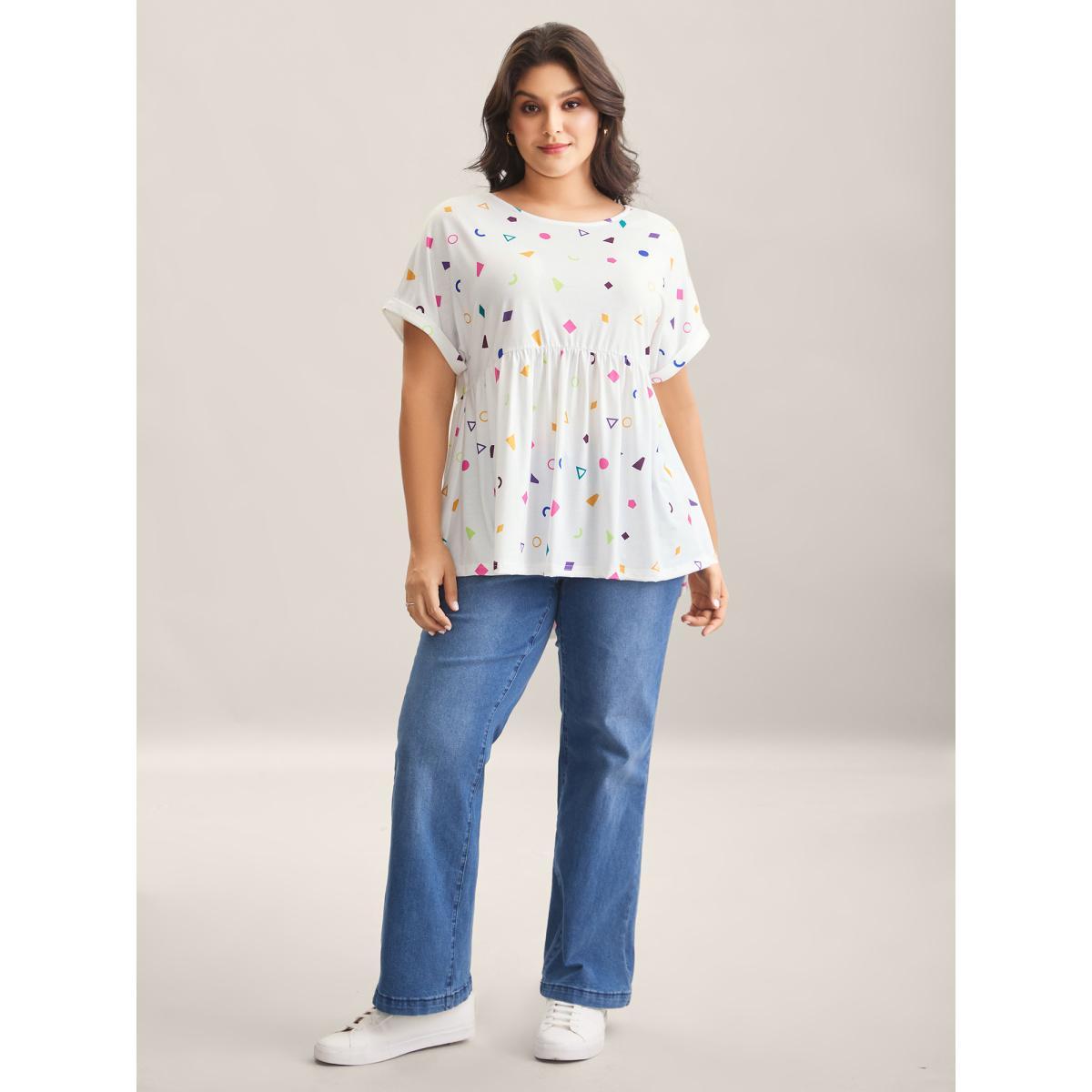 Plus Size Fun Geometric Print Babydoll Top Ivory Women Gathered Round Neck Everyday-Casual T-shirts BloomChic 18-20/2X Product Image