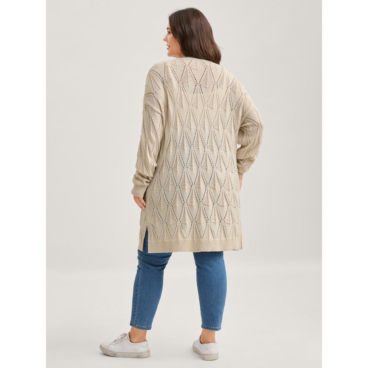 Plus Size Textured Cut-Out Slit Pockets Knit Cardigan Apricot Women Loose Long Sleeve Everyday-Casual Cardigans BloomChic 12/L Product Image