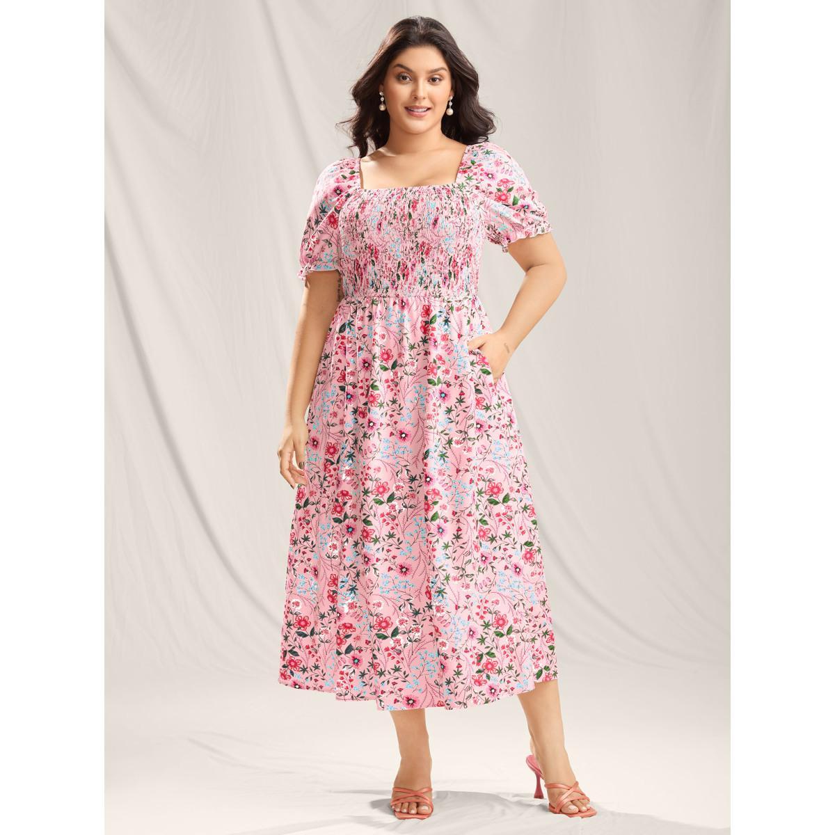 Plus Size Shirred Floral Print Pockets Maxi Dress LightBlue Women Square Neck Short sleeve Curvy BloomChic 26/4X Product Image