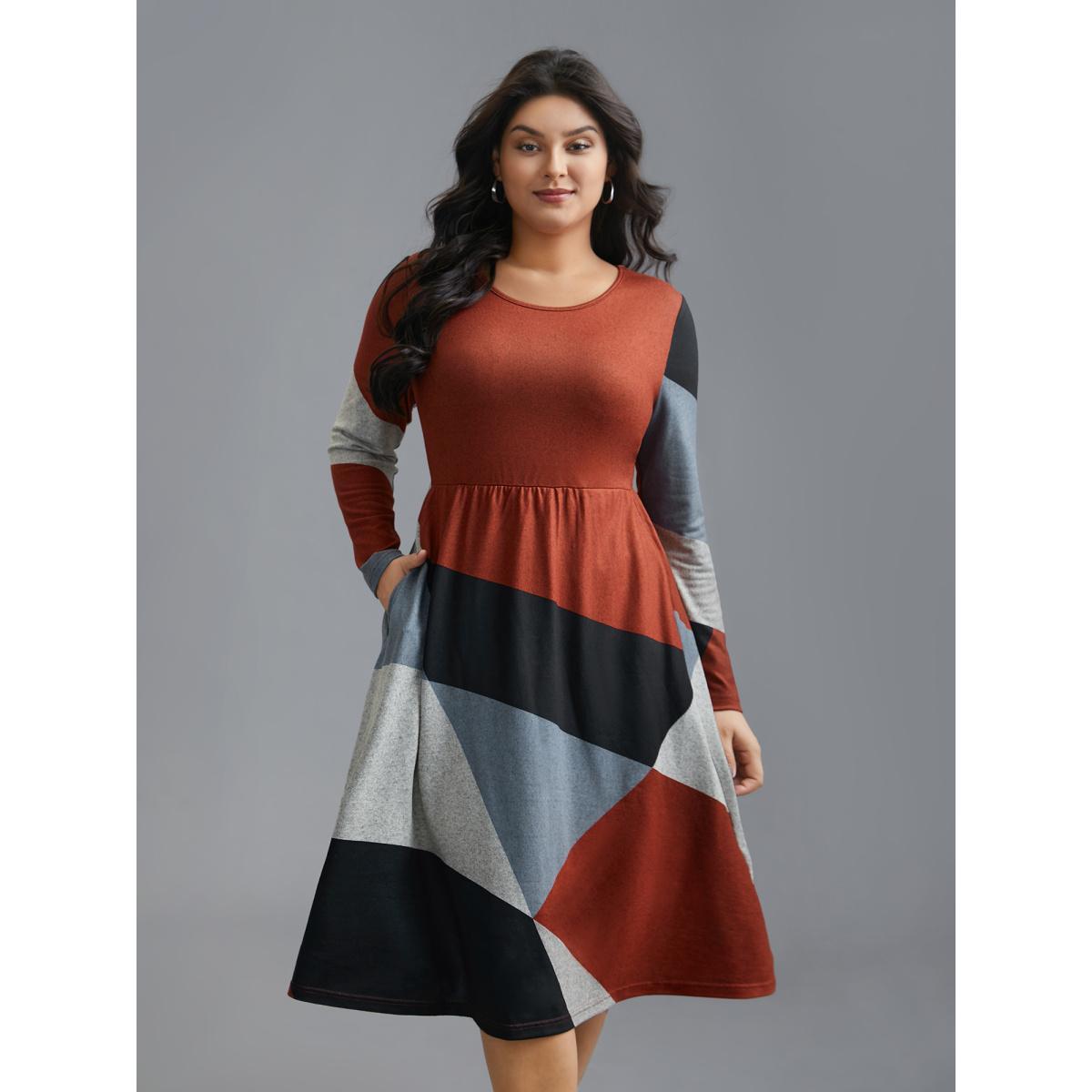 Plus Size Round Neck Geometric Colorblock Contrast Dress Multicolor Women Casual Contrast Knit Dresses Bloomchic 18-20/2X Product Image