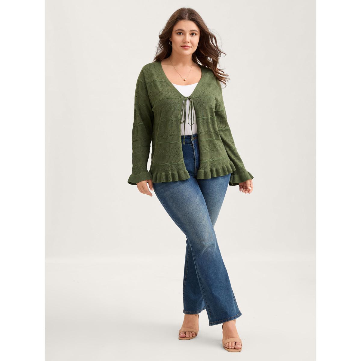 Plus Size Ruffled Hem Front Tie Textured Lightweight Cardigan ArmyGreen Women Loose Long Sleeve Everyday-Elegant Cardigans BloomChic 10/M Product Image