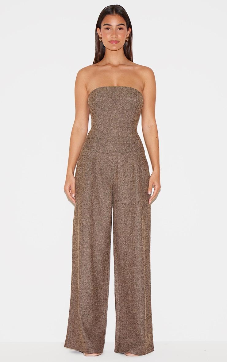 Taupe Tailored Herringbone Bandeau Wide Leg Jumpsuit Product Image