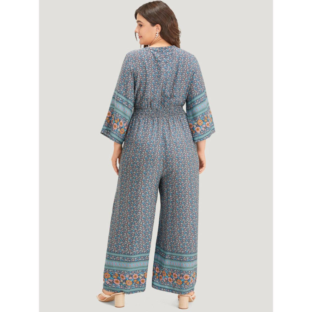 Plus Size Blue Floral Print Shirred Overlap Collar Jumpsuit Women Resort Elbow-length sleeve V-neck Vacation Loose Jumpsuits BloomChic 18-20/2X Product Image