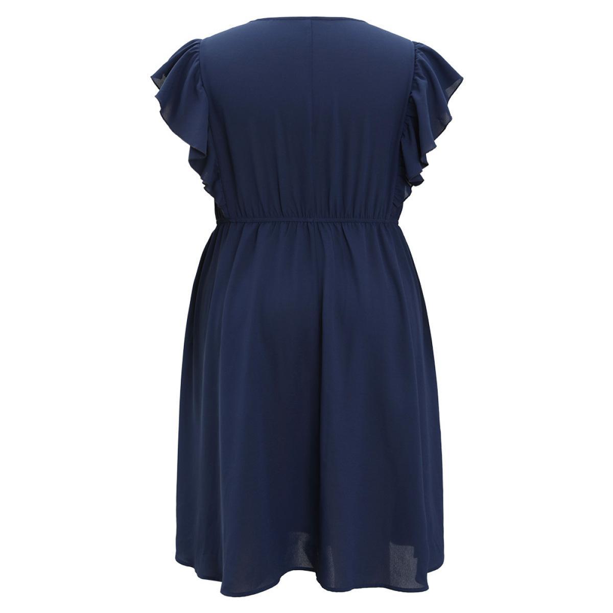 Plus Size Solid Contrast Lace V Neck Pocket Flutter Trim Dress DarkBlue Women Elegant Lace V-neck Cap Sleeve Curvy Knee Dress BloomChic 30/6X Product Image