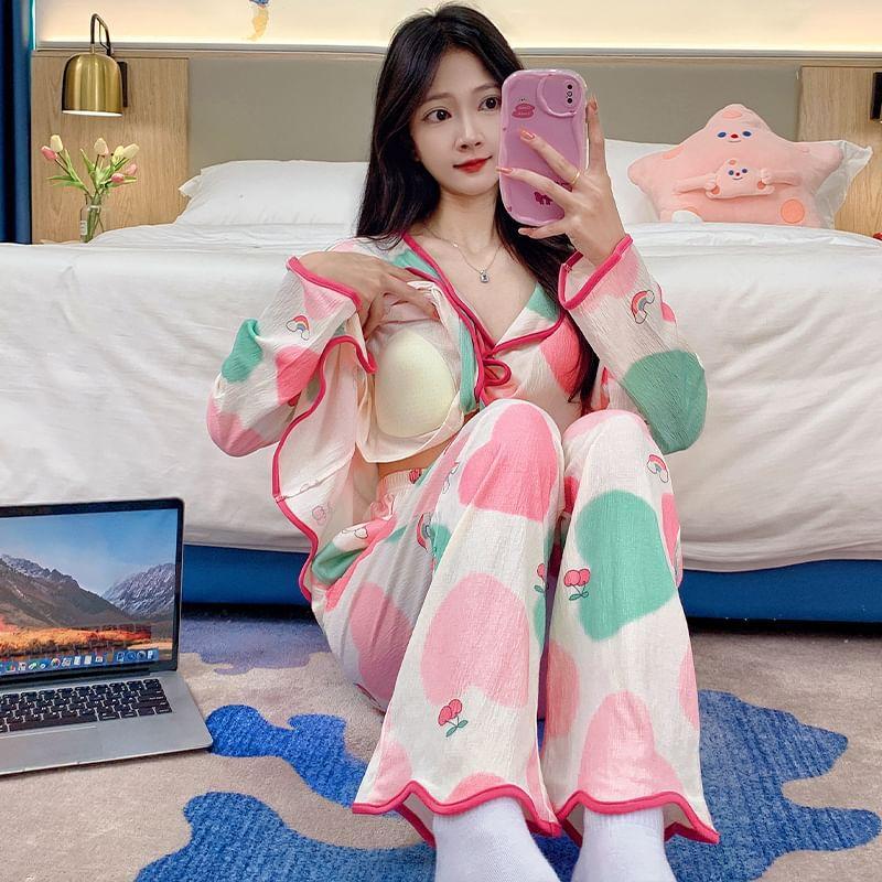 Pajama Set: Patterned Padded Shirt + Pants Product Image