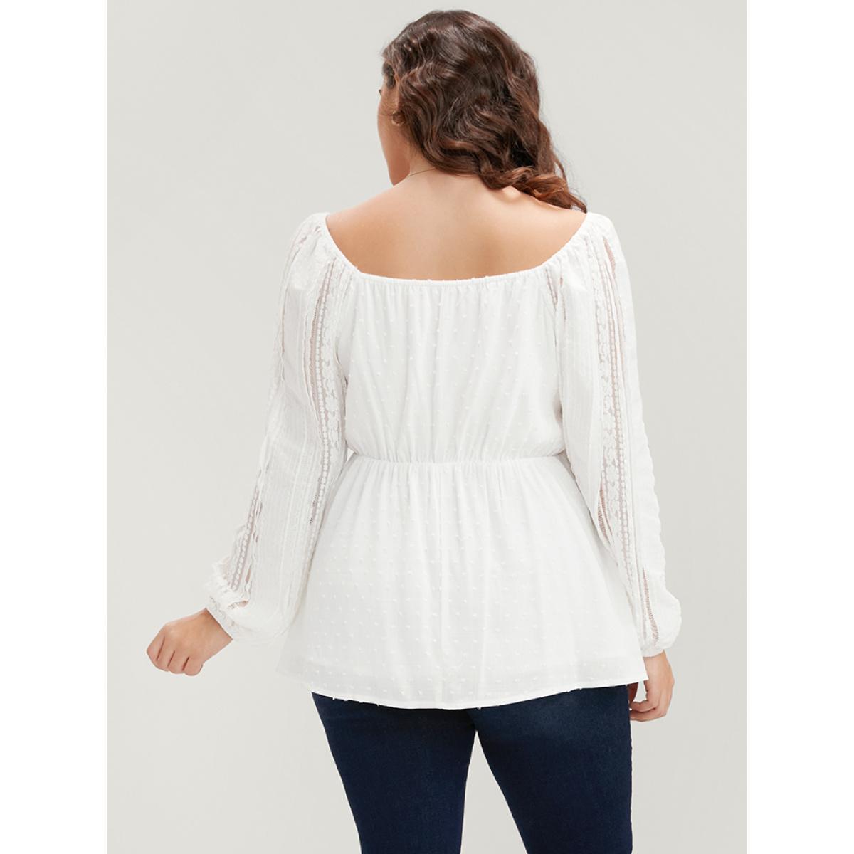 Plus Size WhiteSmoke Solid Lace Patchwork Lantern Sleeve Blouse Women Elegant Long Sleeve V-neck Dailywear Blouses BloomChic 30/6X Product Image