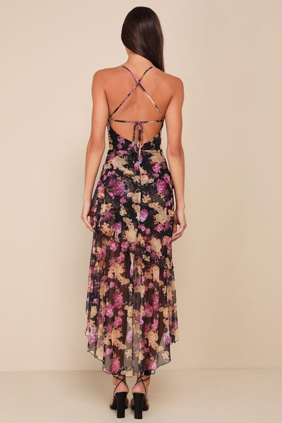 Undeniably Gorgeous Black Floral Ruffled Lace-Up High-Low Dress Product Image