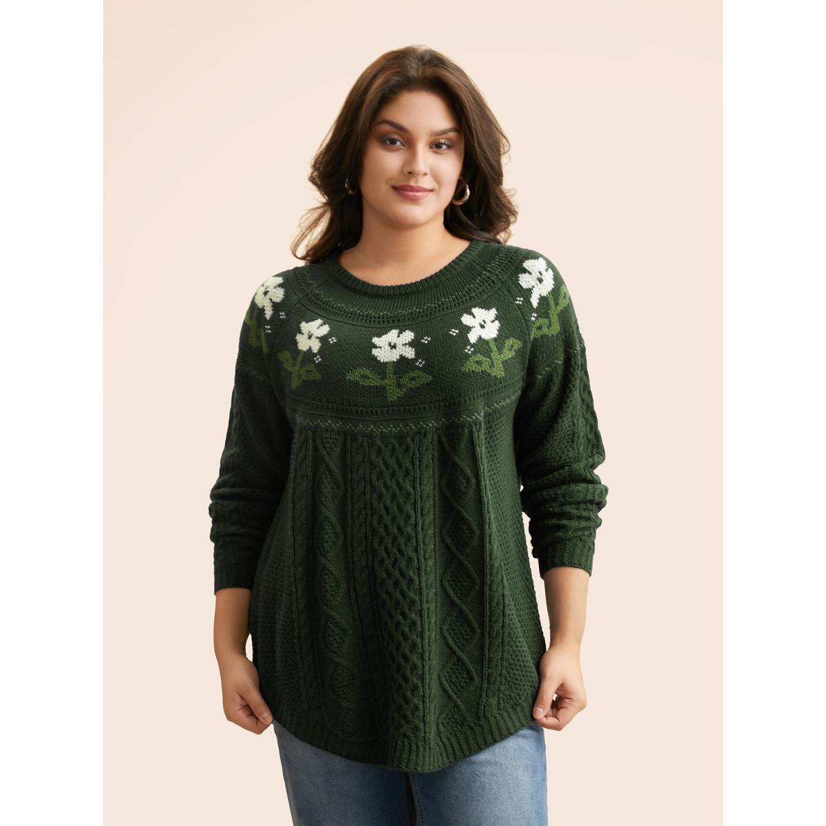 Plus Size Floral Jacquard Raglan Sleeve Pullover Deeppurple Women Casual Long Sleeve Round Neck Everyday Pullovers BloomChic 30/6X Product Image