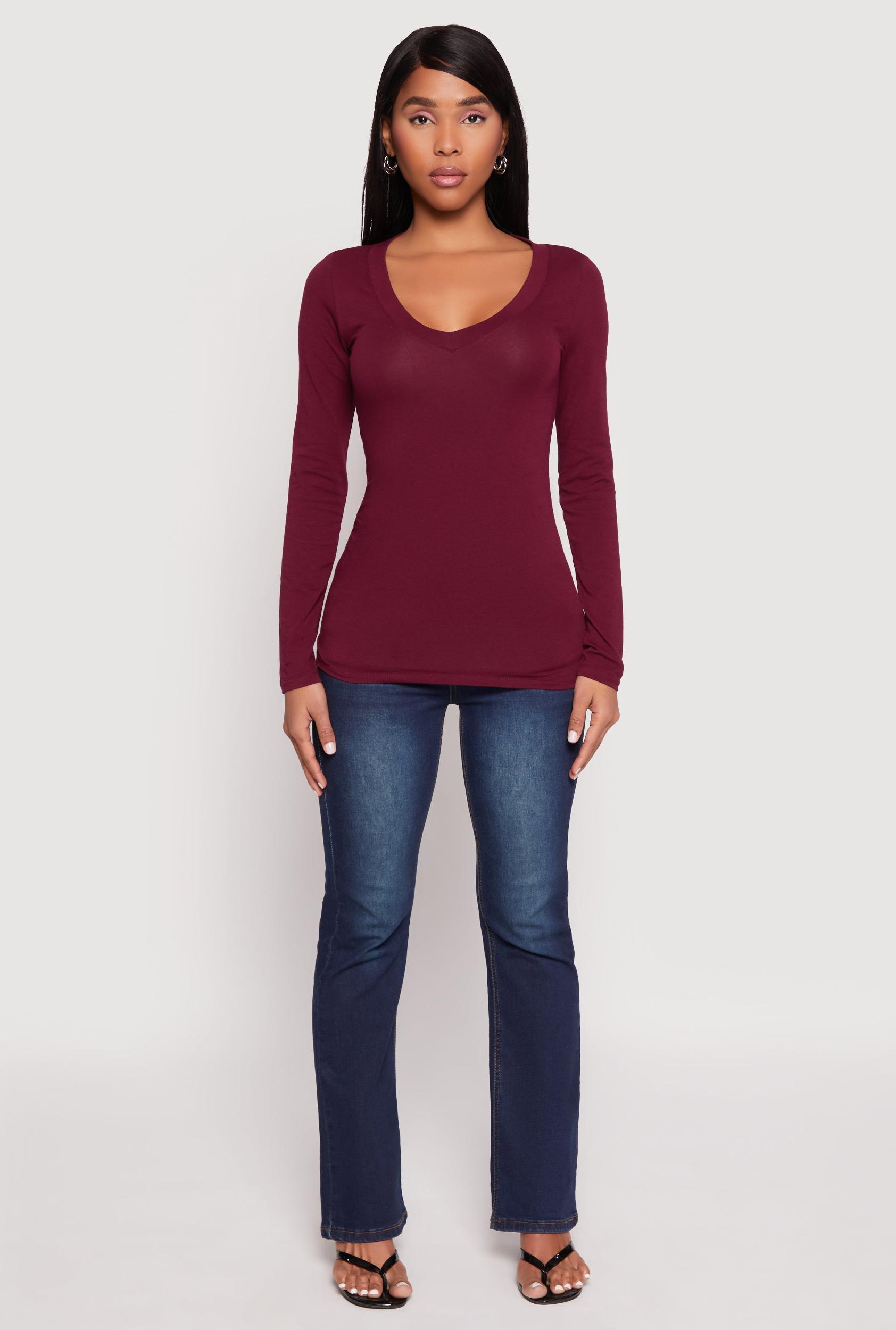 Womens Basic Long Sleeve V Neck Tee Product Image