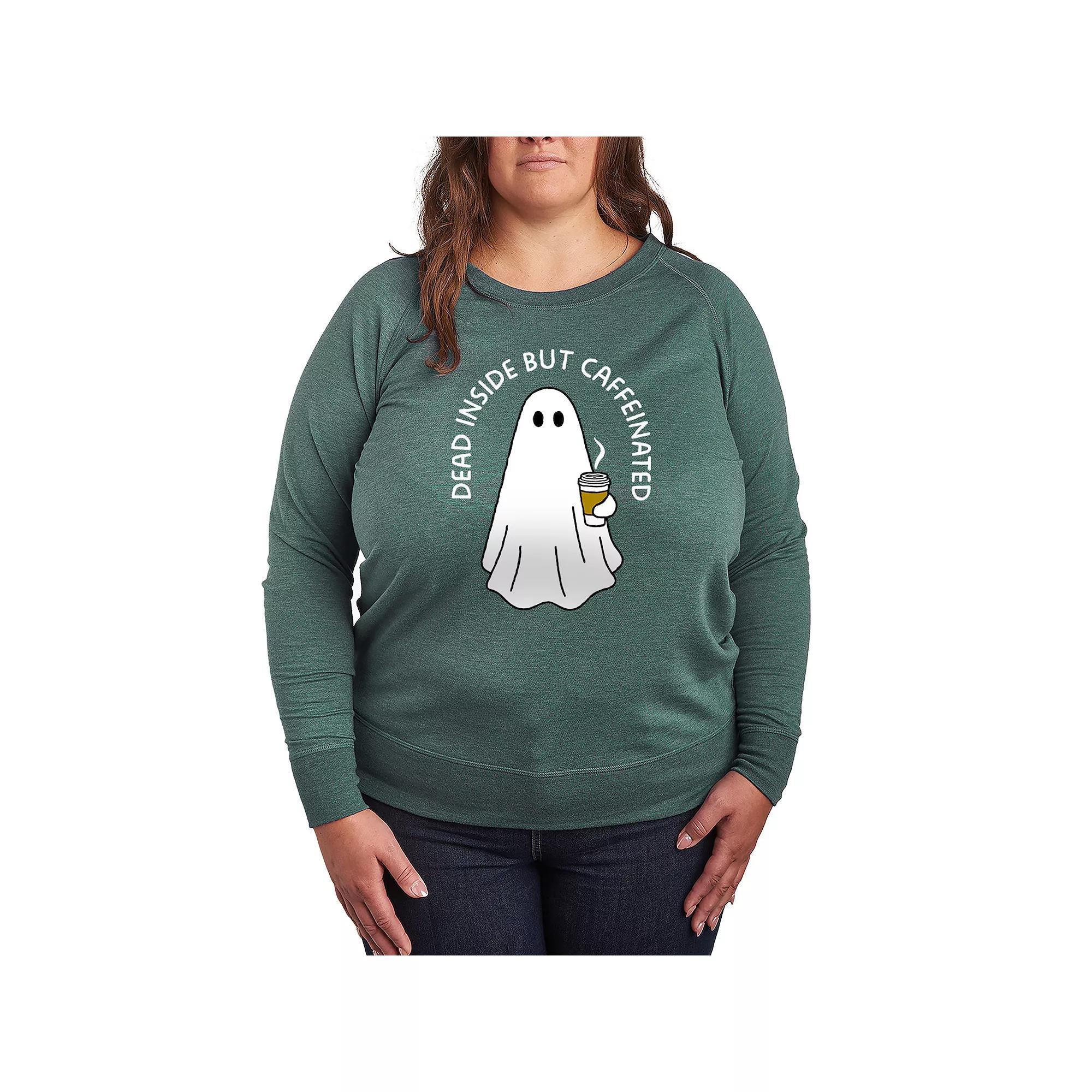 Plus Size Dead Inside Caffeinated Ghost French Terry Long Sleeve Tee, Womens Grey Dark Red Product Image