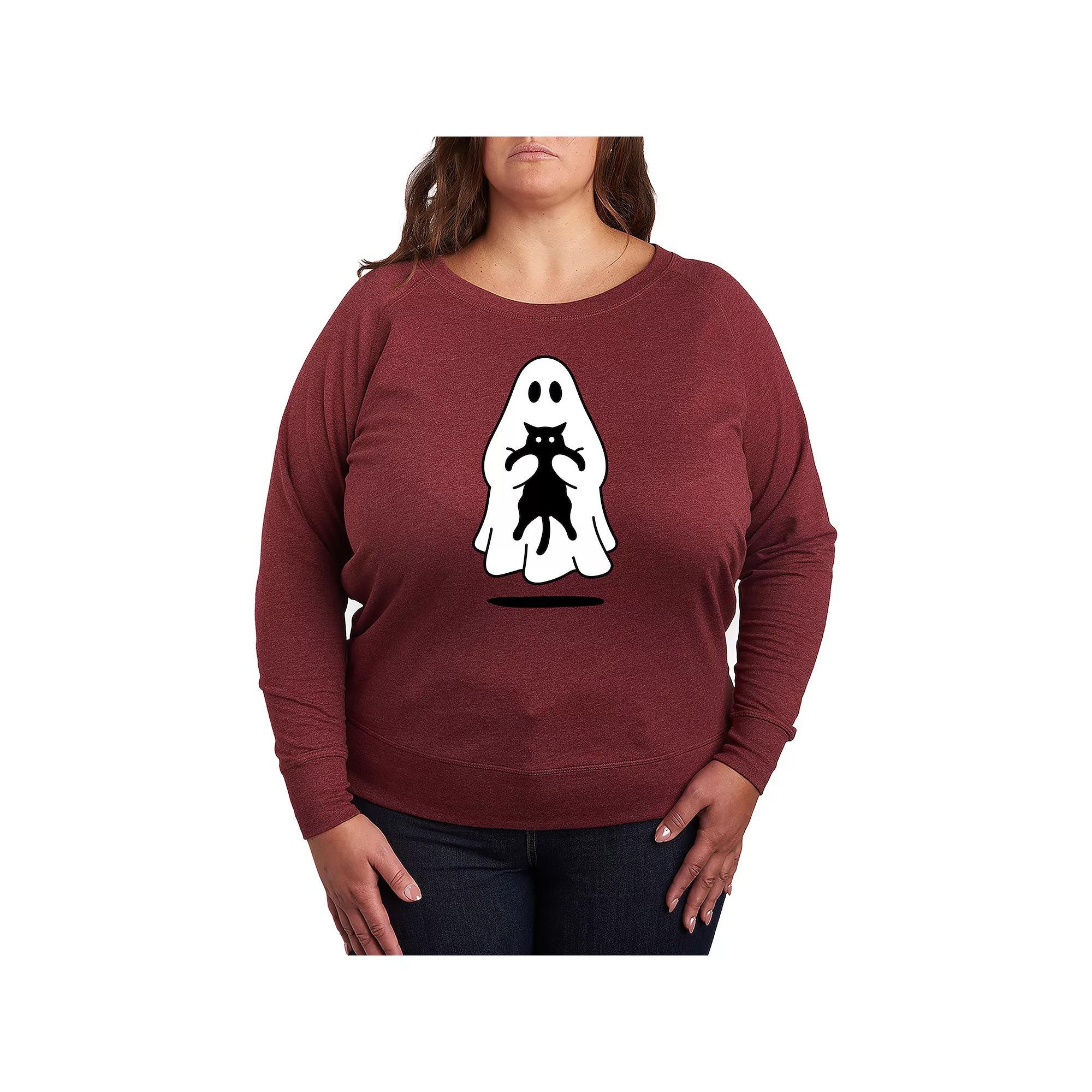 Plus Size Ghost Holding Black Cat French Terry Long Sleeve Tee, Womens Product Image