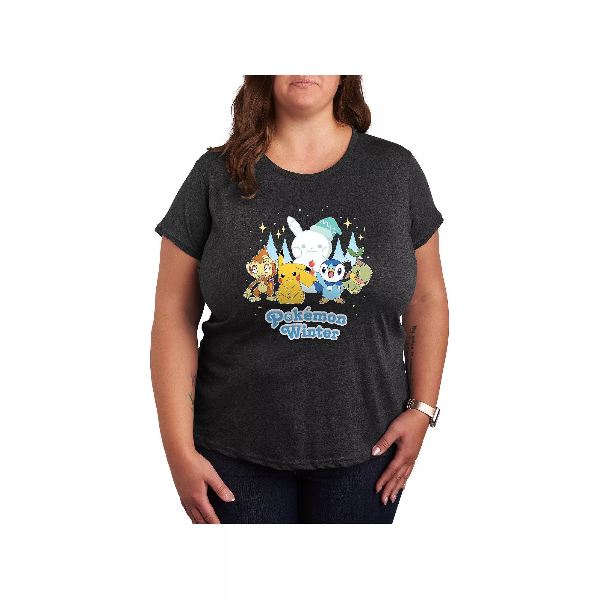 Plus Pokemon Winter Graphic Tee, Womens Heather Grey Product Image