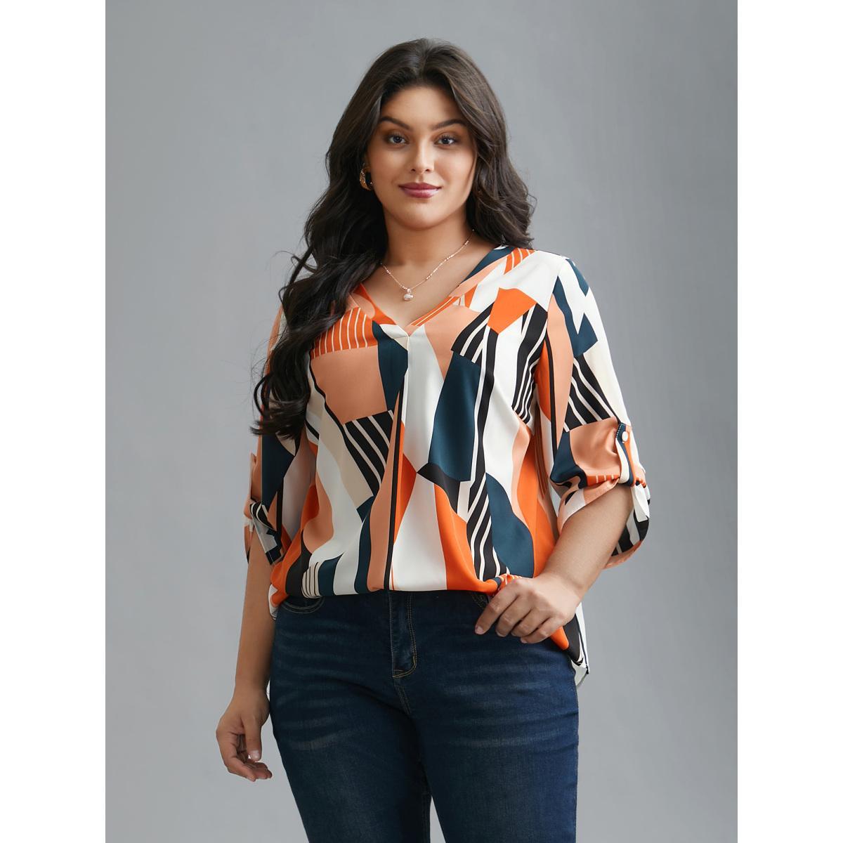 Plus Size Multicolor Abstract Print Tab Sleeve Blouse Women At the Office Elbow-length sleeve V-neck Work Blouses BloomChic 12/L Product Image