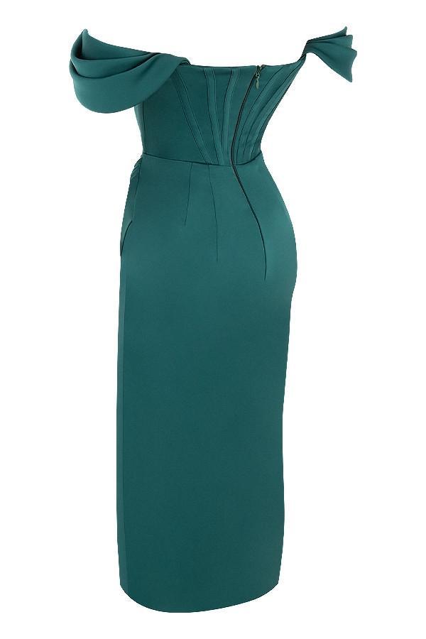 Loretta  emerald green satin off shoulder dress Product Image