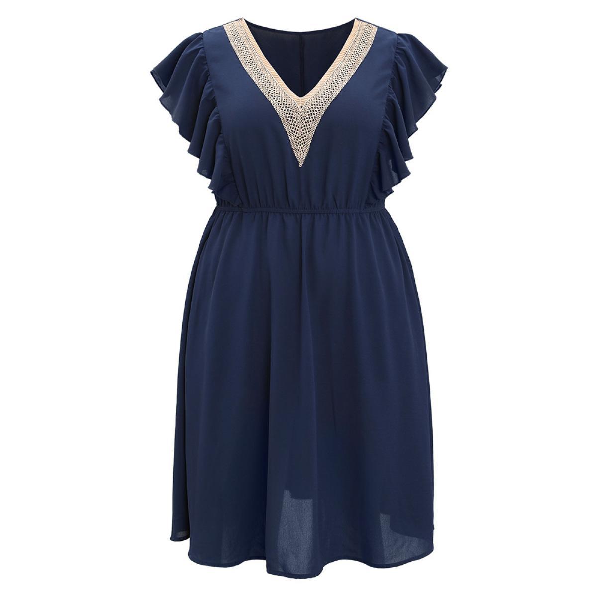 Plus Size Solid Contrast Lace V Neck Pocket Flutter Trim Dress DarkBlue Women Elegant Lace V-neck Cap Sleeve Curvy Knee Dress BloomChic 30/6X Product Image