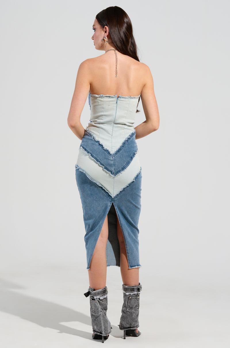 LAYLA DENIM PATCHWORK MIDI DRESS Product Image