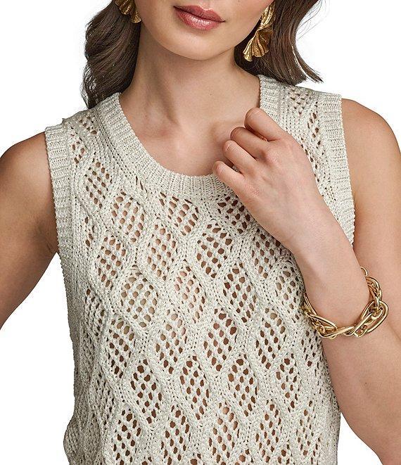 Donna Karan Open Knit Diamond Pattern Crew Neck Sleeveless Tank Product Image