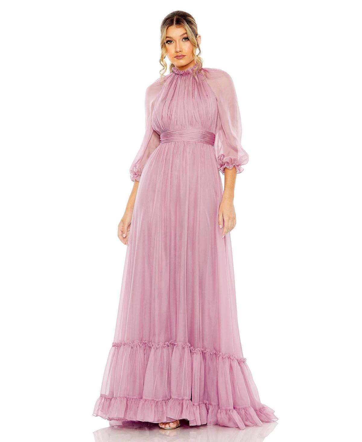 Mac Duggal Womens Chiffon Ruched Illusion Raglan Sleeve Ruffled Gown Product Image