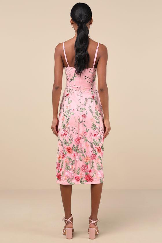 Blooming For Love Pink Floral Embroidered Midi Dress Product Image