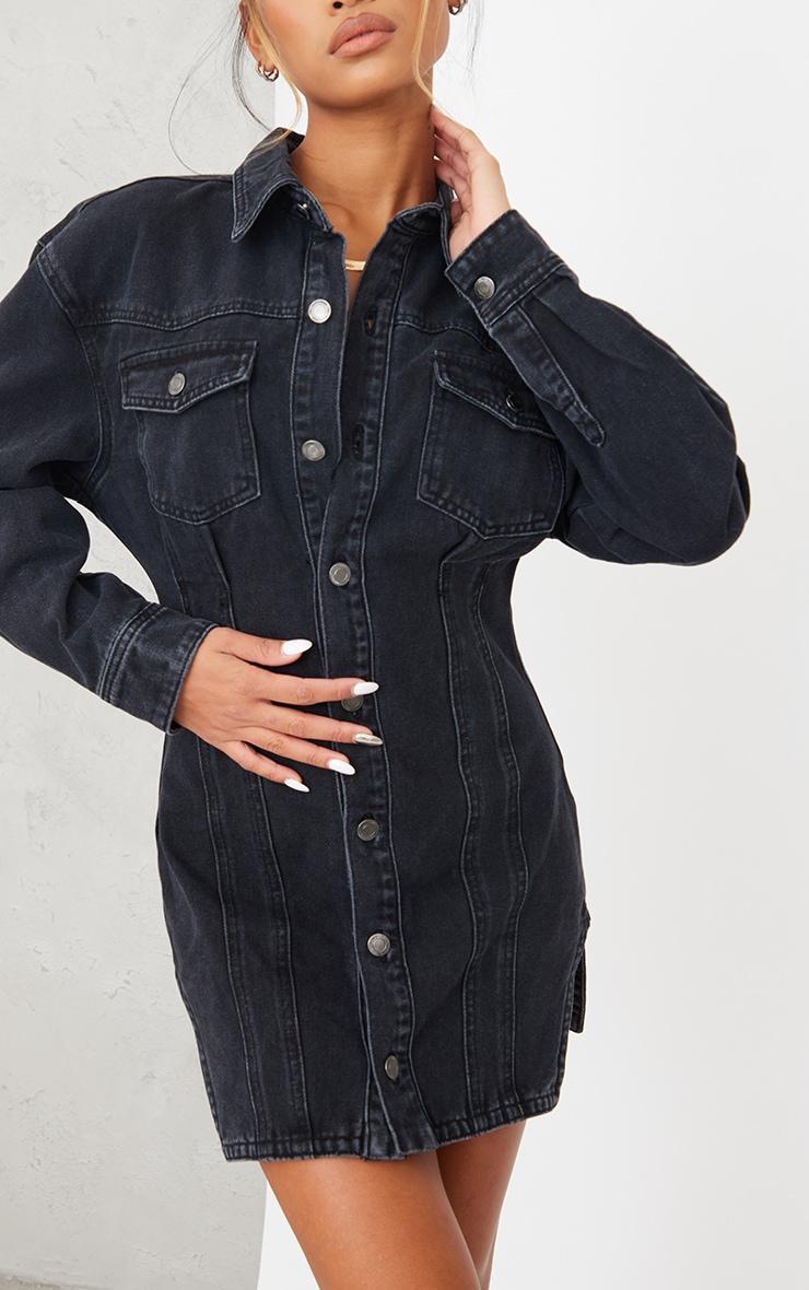 Washed Black Seam Detail Long Sleeve Denim Dress Product Image
