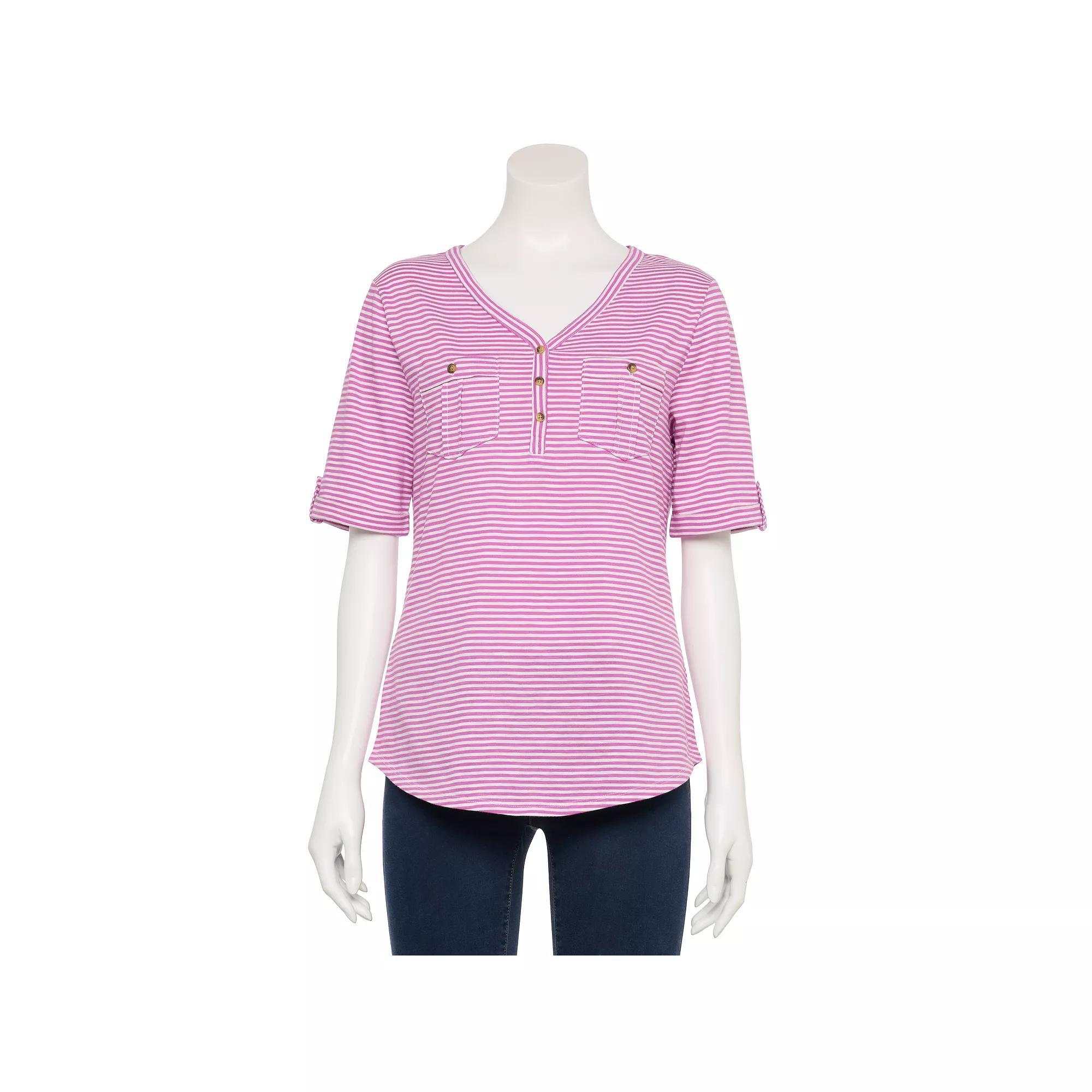 Women's Croft & Barrow® Elbow Sleeve Utility Henley Top, Size: Small, Pink Stripe Product Image