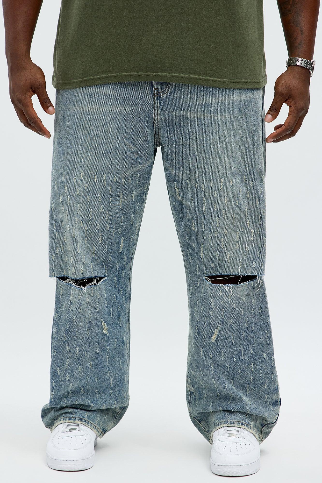 Baggy Scattered Distressed Jeans - Medium Blue Wash Product Image