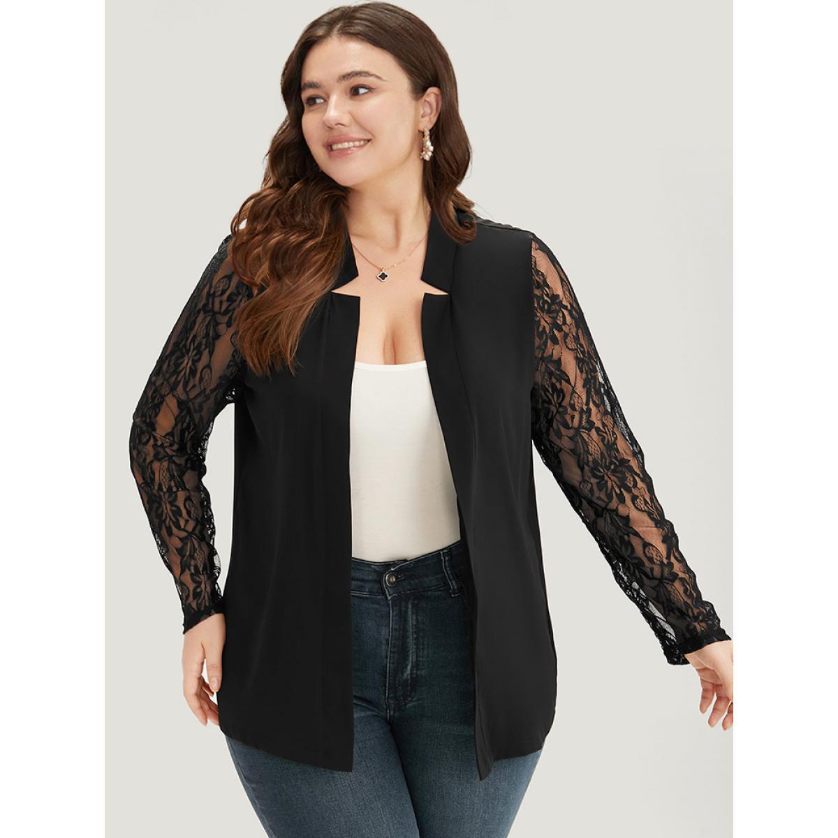 Plus Size Halloween Solid Open Front Guipure Lace Blazer Black Women Dailywear Plain Plain Sleeve Long Sleeve Open Front 28/5X Casual Blazers BloomChic Product Image