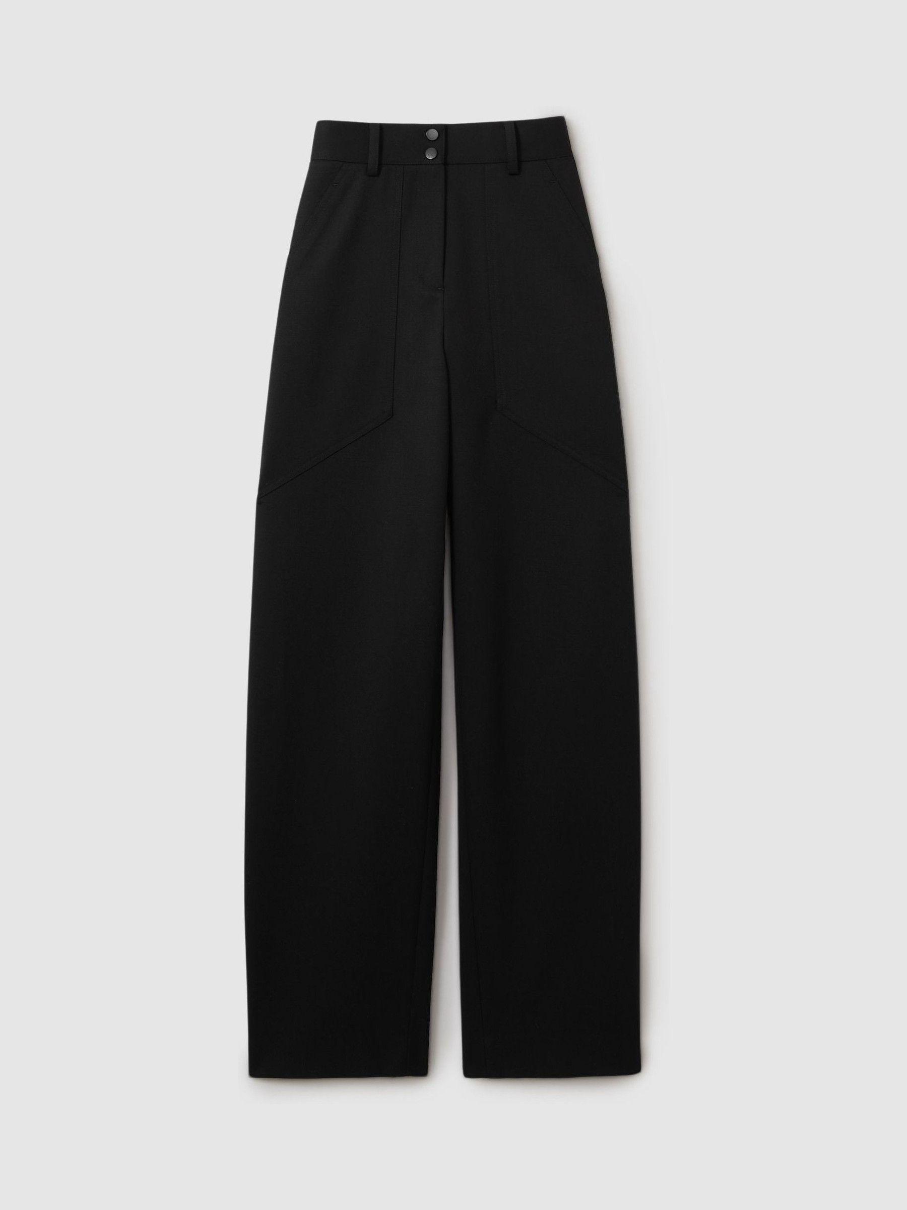 Wool Blend Barrel Leg Trousers in Black Product Image