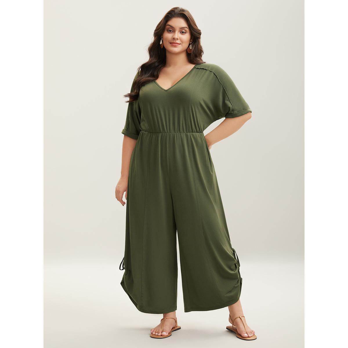 Plus Size ArmyGreen Tie-Up Hem Pull-Over Stretch Jumpsuit Women Short sleeve V-neck Vacation Loose Jumpsuits BloomChic 30/6X Product Image