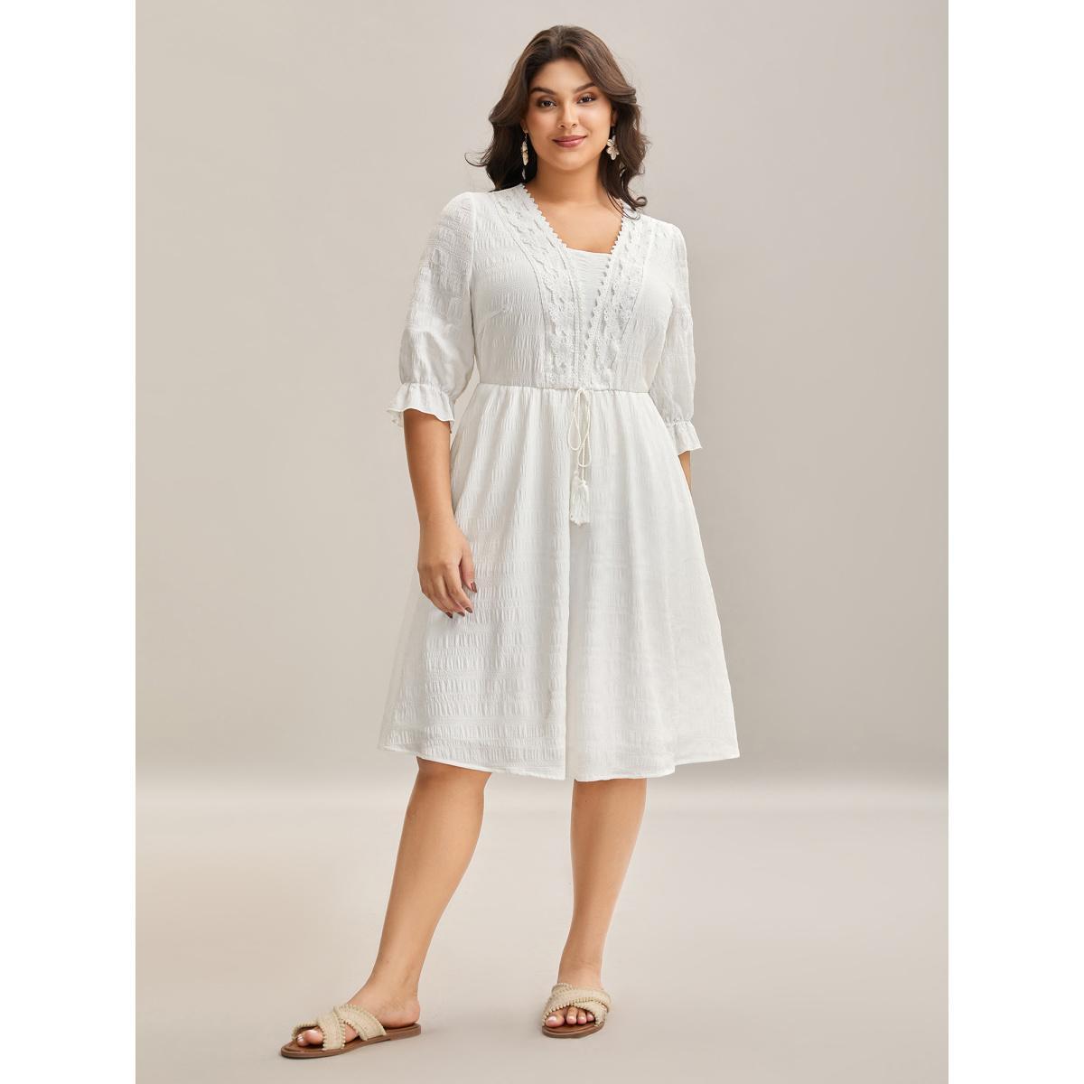 Plus Size Textured Lace Waist-Tie Midi Dress WhiteSmoke Women Tie knot Overlap Collar Elbow-length sleeve Curvy BloomChic 22-24/3X Product Image