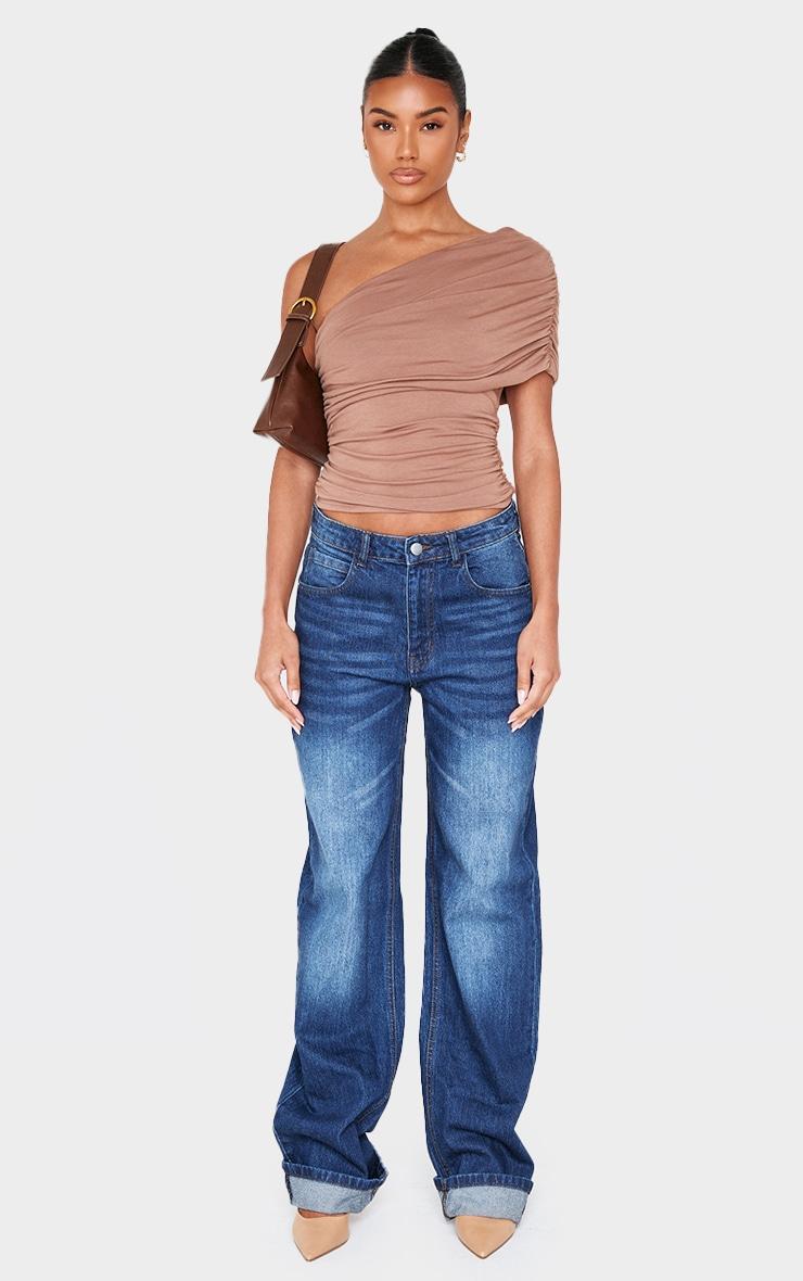 Chocolate Contour Jersey One Shoulder Fold Over Ruched Top Product Image