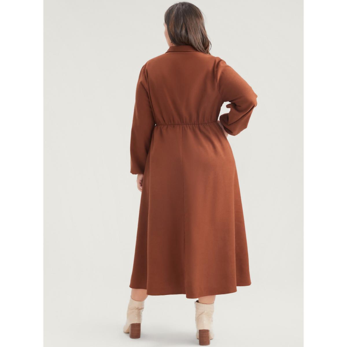 Plus Size Solid Tie Up Shirt Collar Pocket Button Detail Corduroy Dress Chocolate Women Office Button Shirt collar Long Sleeve Curvy Midi Dress BloomChic 26/4X Product Image