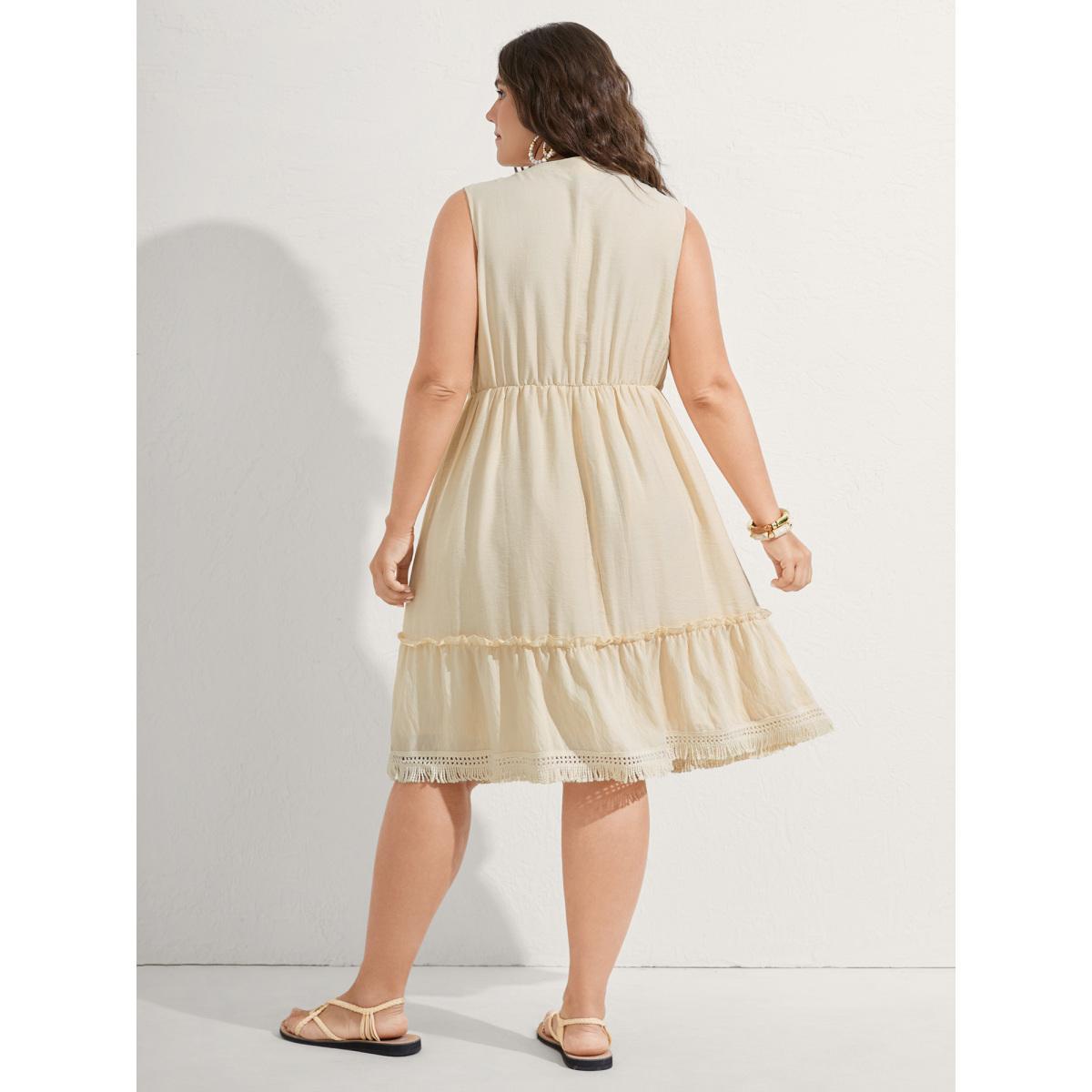 Plus Size Pure Cotton Tassels Lace Midi Dress Apricot Women Woven ribbon&lace trim Flat collar with V-notch Sleeveless Curvy BloomChic 28/5X Product Image