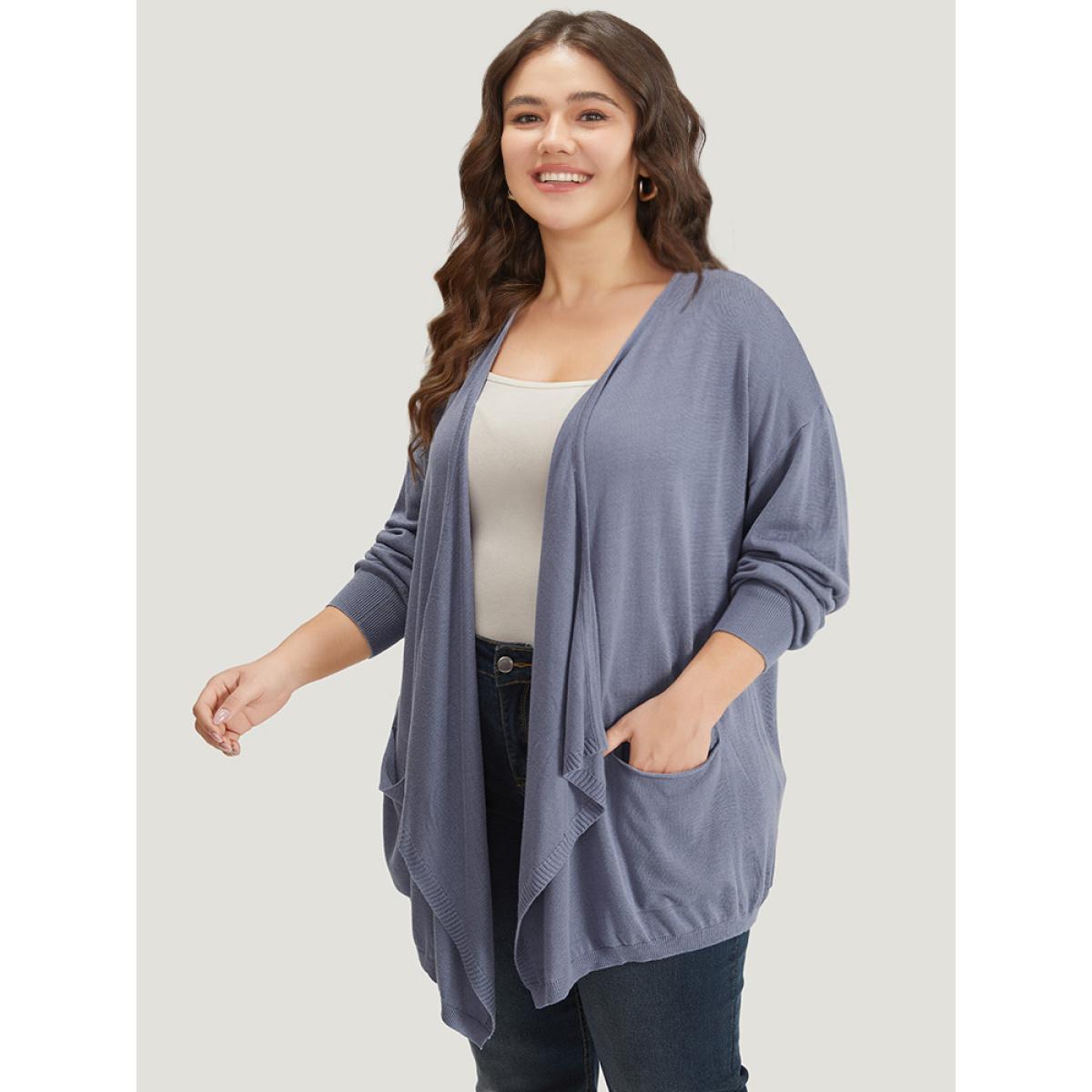 Plus Size Supersoft Essentials Solid Lapel Collar Patched Pocket Cardigan Stone Women Casual Loose Long Sleeve Dailywear Cardigans BloomChic 22-24/3X Product Image