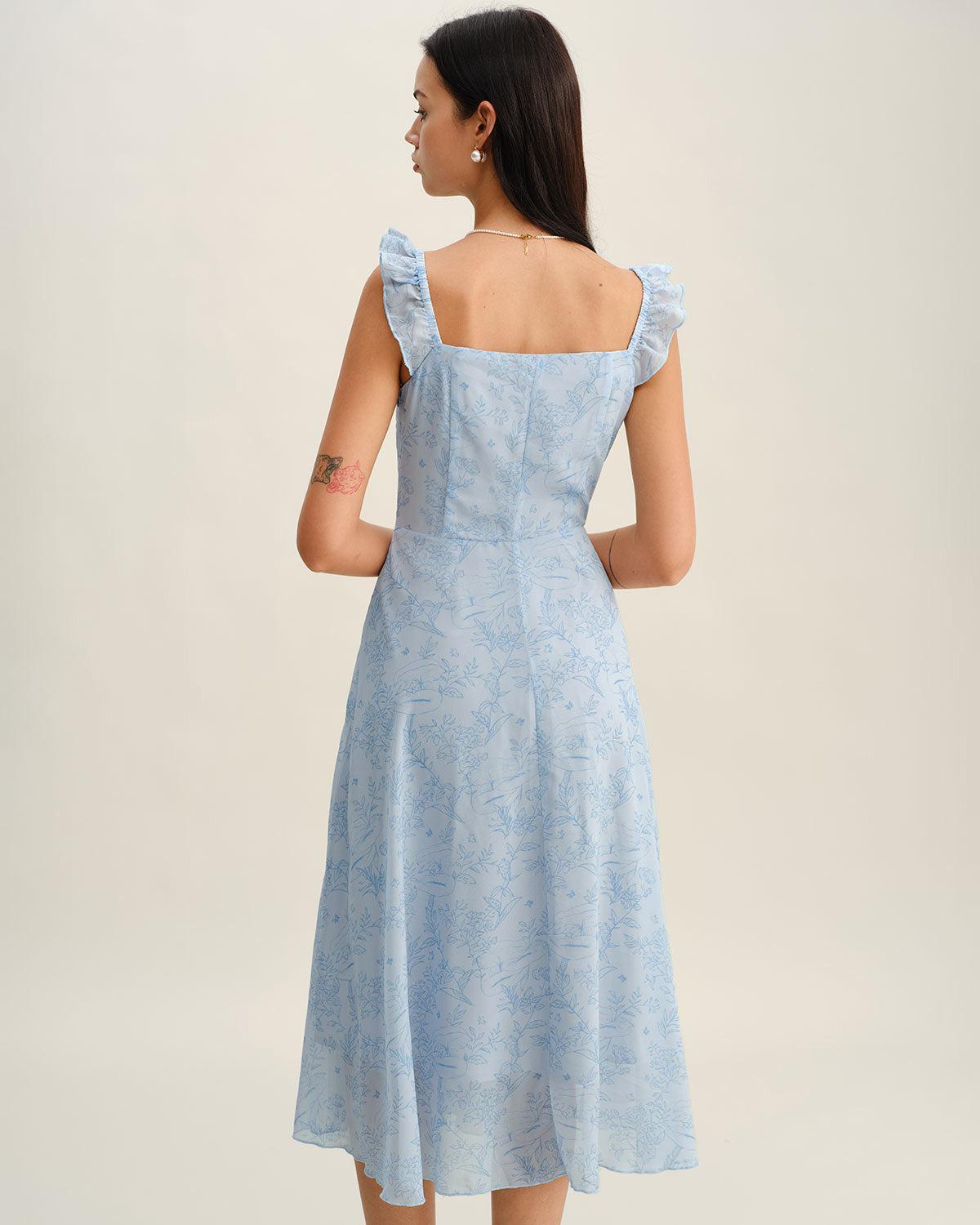 Blue Square Neck Ruffle Midi Dress Product Image