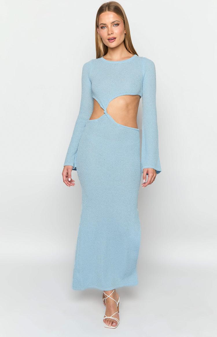 Arya Blue Long Sleeve Knit Maxi Dress Product Image