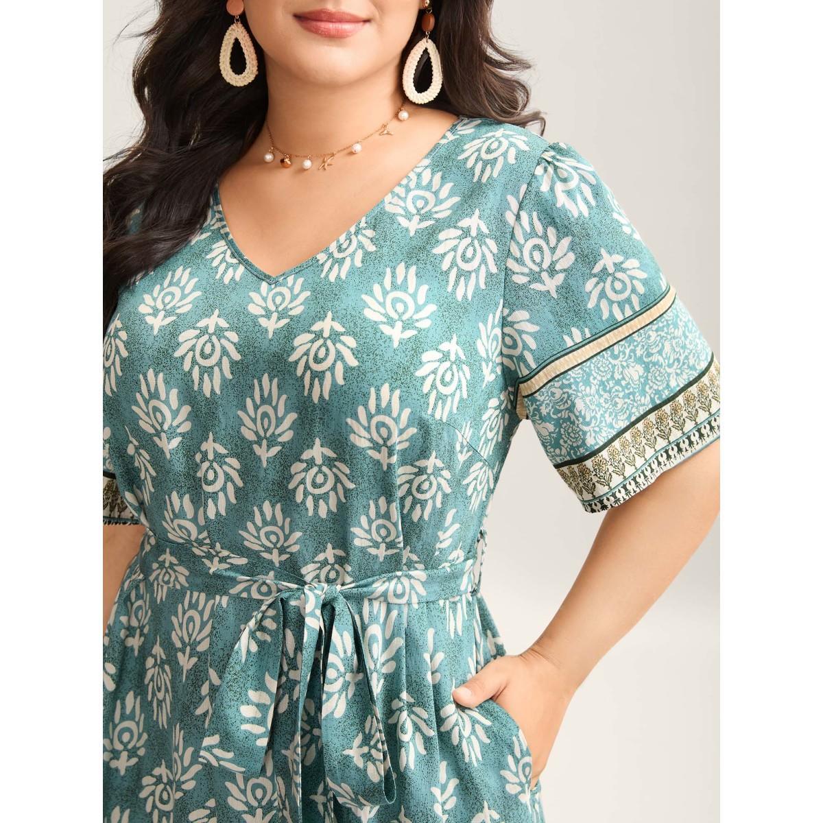 Plus Size Rayon Boho Print Tied Midi Dress Teal Women V-neck Short sleeve Curvy BloomChic 26/4X Product Image