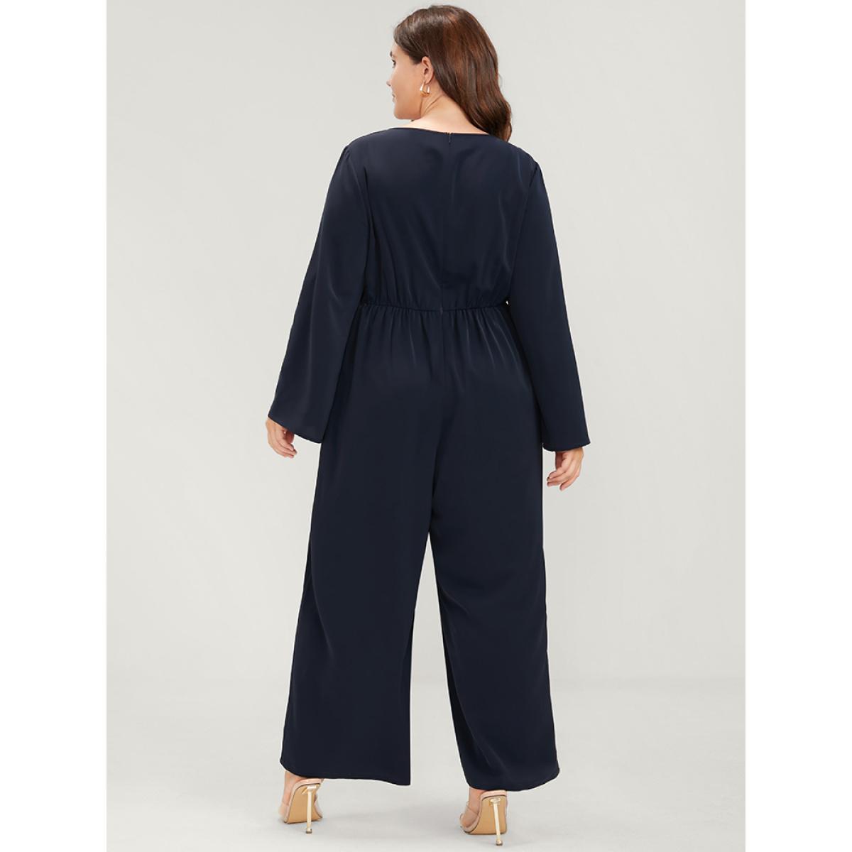 Plus Size DarkBlue Solid Pocket Button Cuffed Sleeve Suit Collar Jumpsuit Women Office Long Sleeve Suit Collar Work Loose Jumpsuits BloomChic 26/4X Product Image