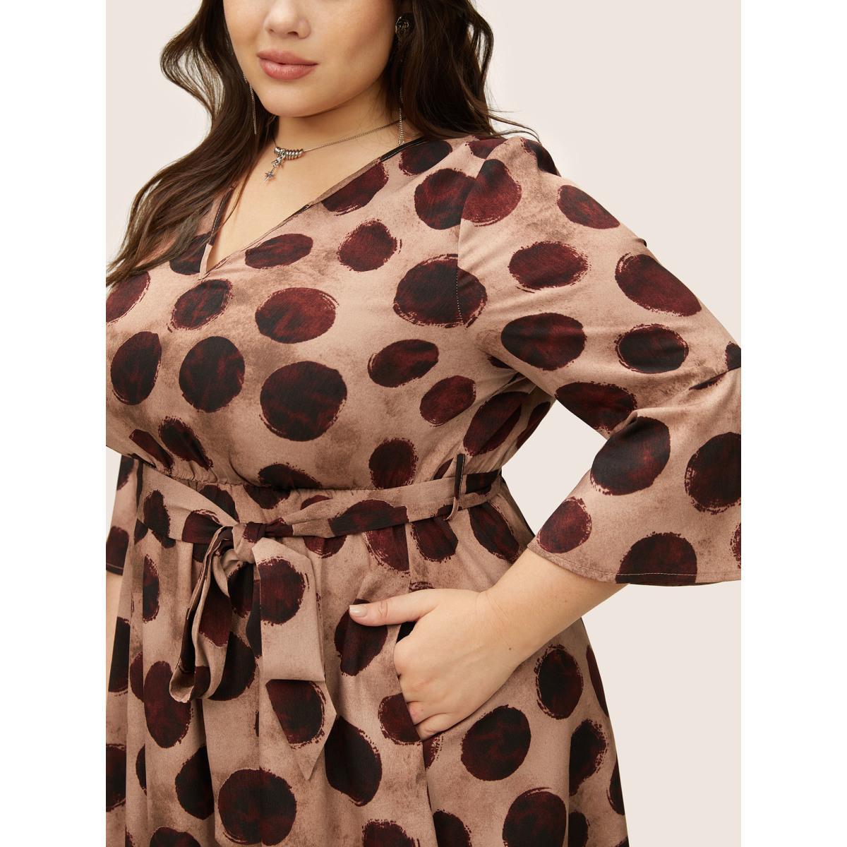 Plus Size Geometric Notched Bell Sleeve Belted Dress Russet Women At the Office Non Notched collar Elbow-length sleeve Curvy Midi Dress BloomChic 26/4X Product Image