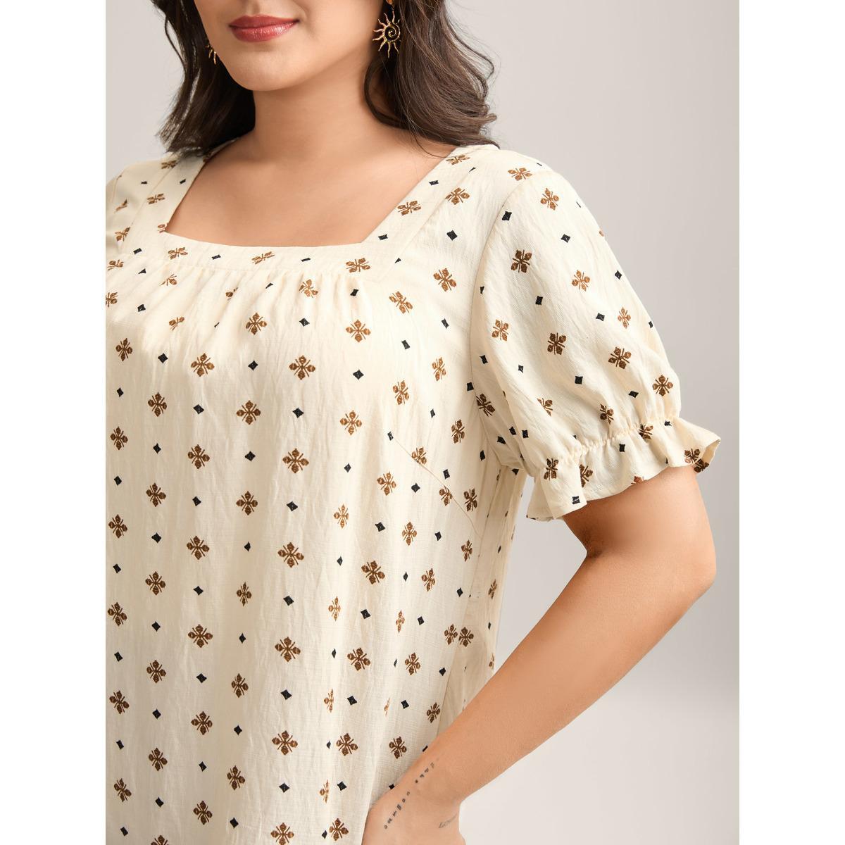 Plus Size Beige Rayon Embroidered Pleated Blouse Women Short sleeve Square Neck Vacation Blouses BloomChic 18-20/2X Product Image