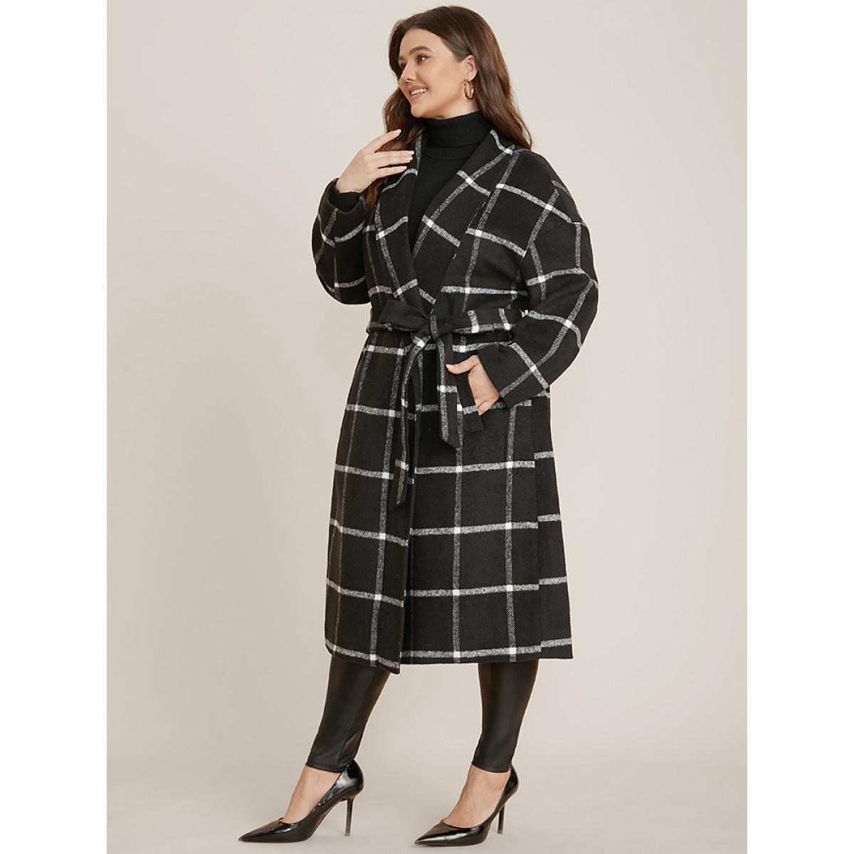 Plus Size Plaid Lapel Collar Pocket Belted Open Front Coat Women Black Elegant Ladies Dailywear Winter Coats BloomChic 12/L Product Image