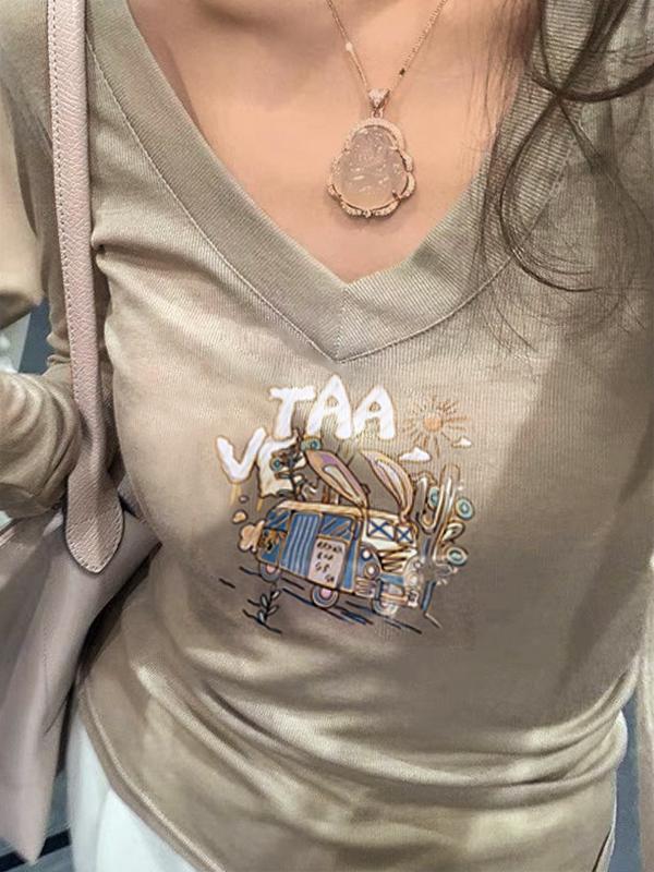 Graffiti Print V Neck Slim Long Sleeve Knit Product Image