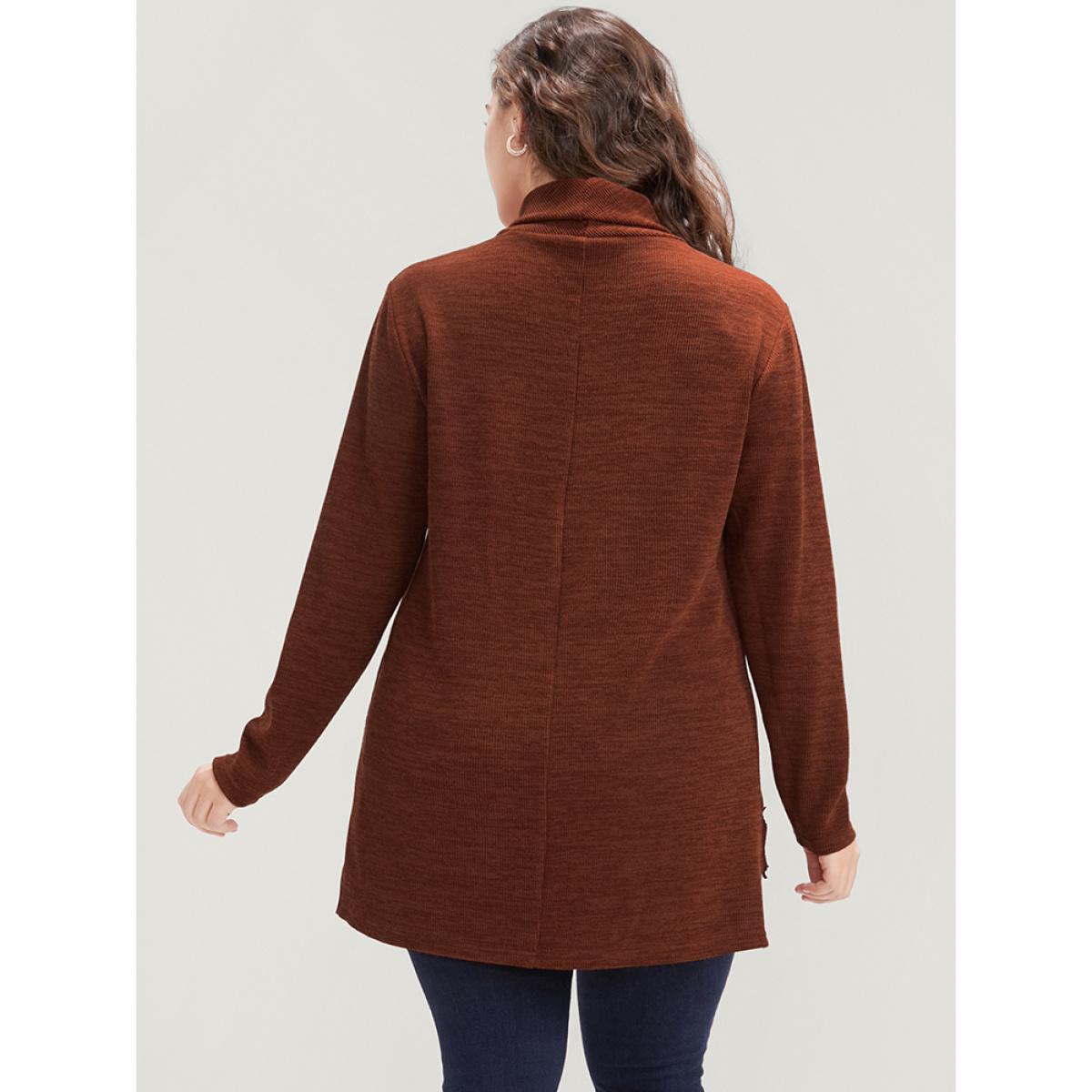 Plus Size Solid Lace Asymmetrical Hem Funnel Neck Sweatshirt Women Russet Elegant Patchwork Turtleneck Dailywear Sweatshirts BloomChic 10/M Product Image