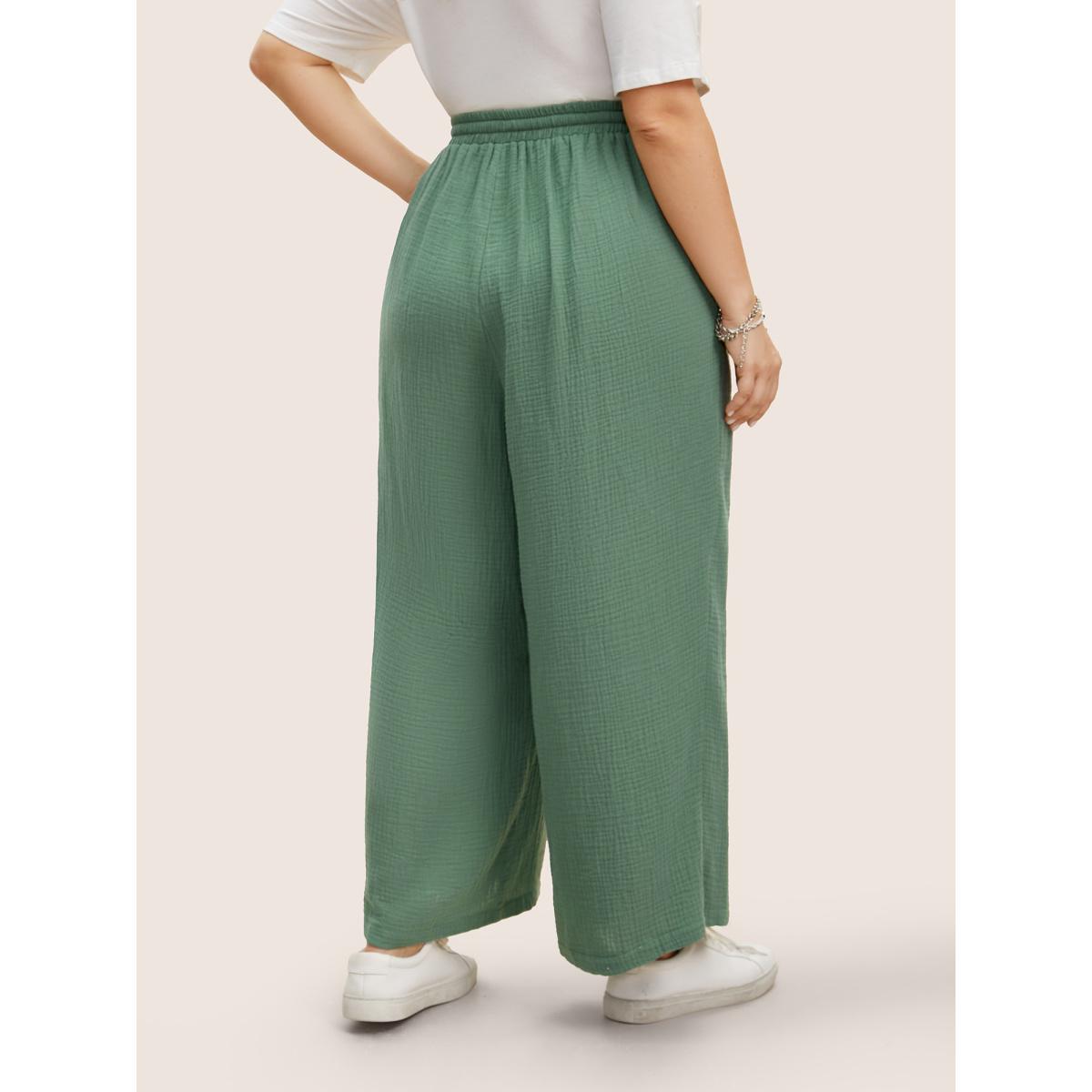 Plus Size Plain Textured Drawstring Wide Leg Pants Women Emerald Casual Wide Leg Mid Rise Everyday Pants BloomChic 22-24/3X Product Image